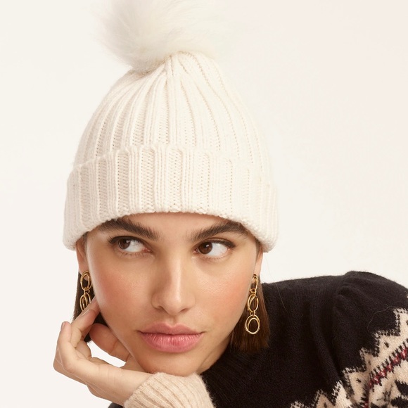 NWT J Crew Ribbed Beanie with Faux Fur Pom - Heather Peony Pink - Picture 2 of 4